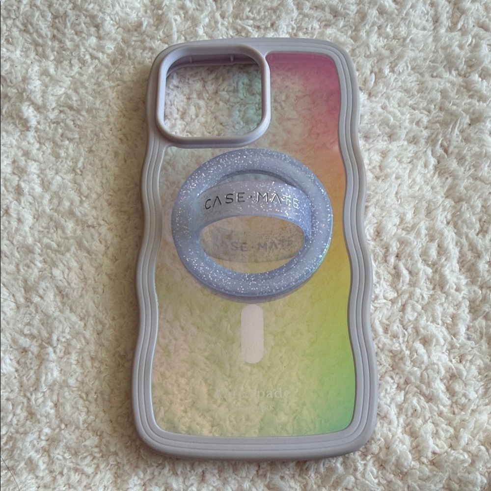 Kate Spade iPhone 15 Pro Max Wavy Opal Iridescent Case + Glitter Loop Ring